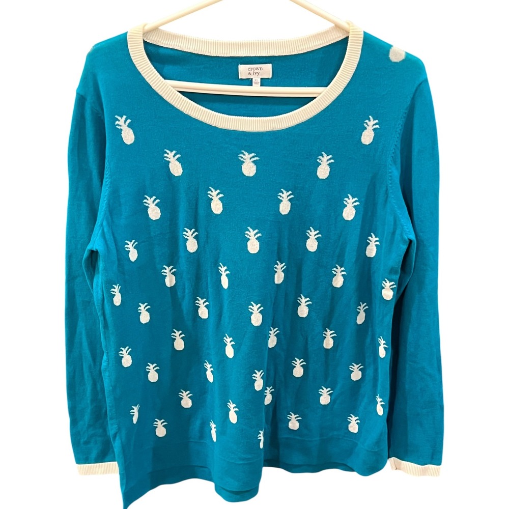Crown & Ivy‎ Bluish Green Cream Pineapple Sweater Women's Size XL Tropical